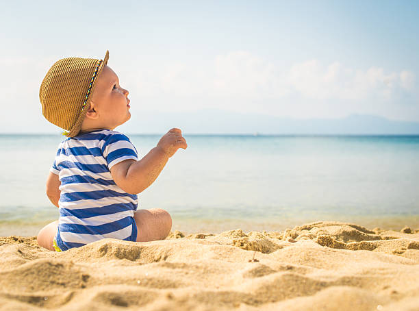 Adorable baby sitting on sandy beach, enjoying the sunshine and beach experience.